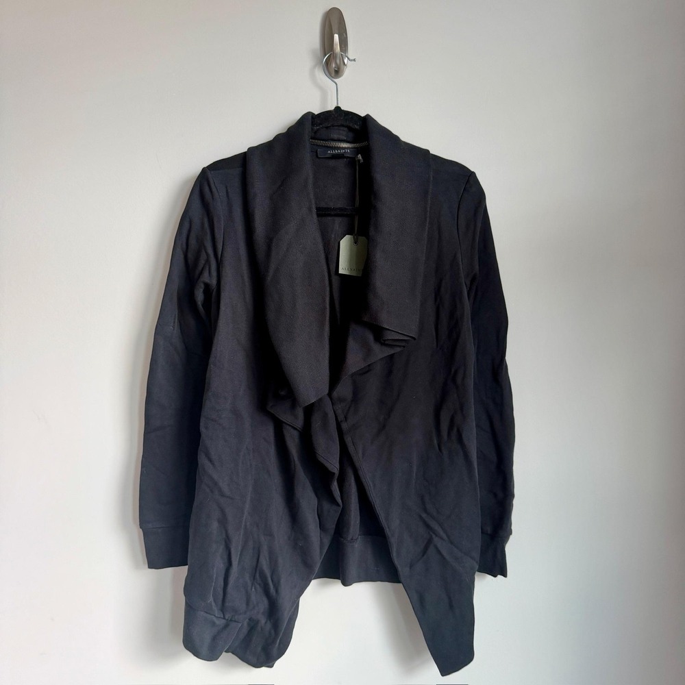 AllSaints Sweater Womens Small Black Dahlia Sweat Draped‎ Waterfall Cardigan NWT